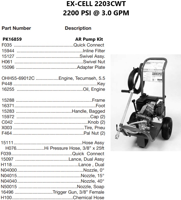 EX-CELL 2203CWT power washer repair parts